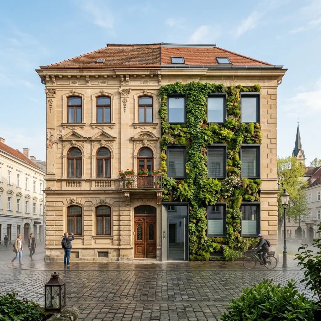 Historisches Stadthaus in Linz mit traditionellem Mauerwerk, modernen Fenstern und einem vertikalen Garten.